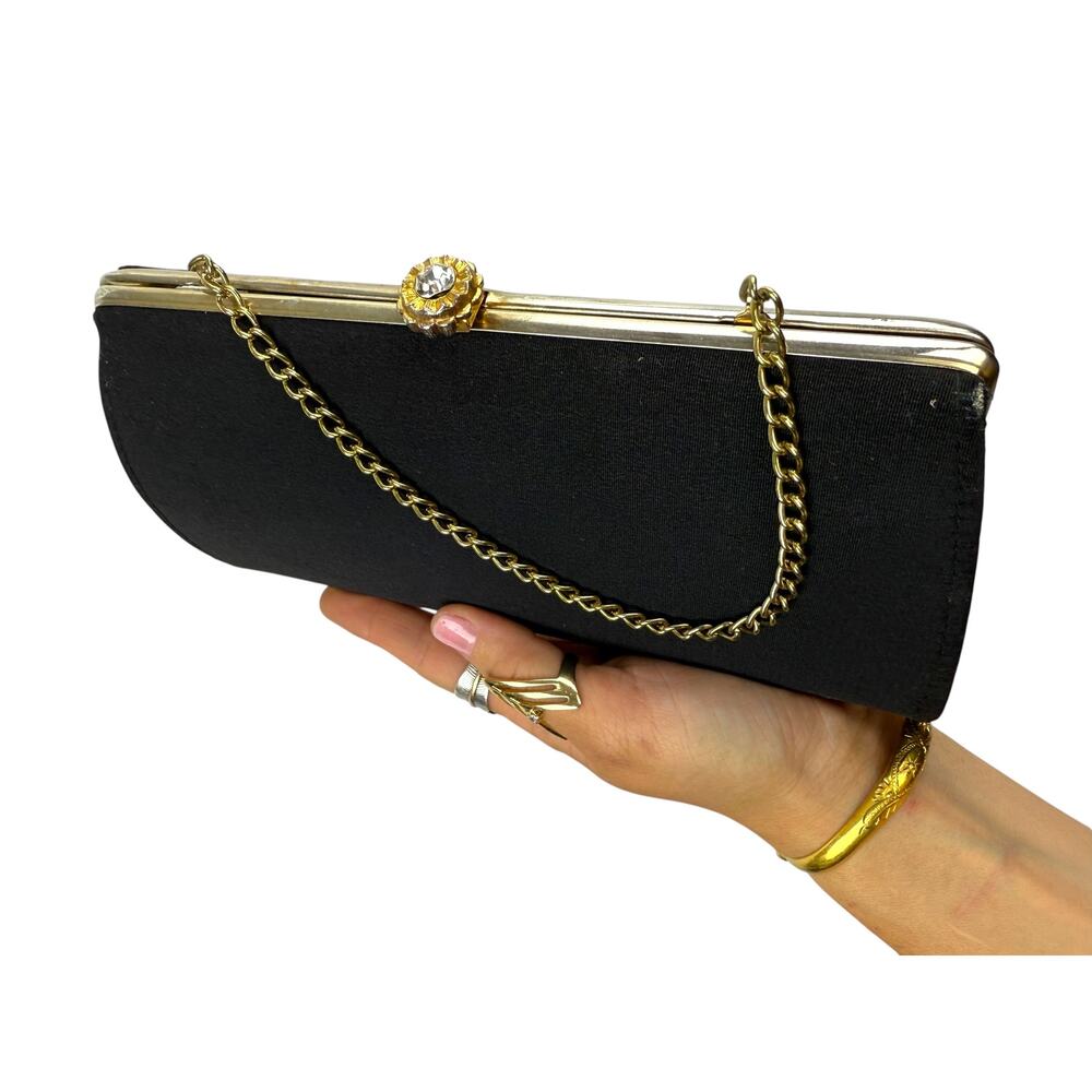 1950's gold crystal rose kiss lock chain strap black mini purse - Picture 5 of 5